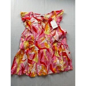 Emily Wonder Womens Large Blouse‎ Top Floral Print V-Neck Flutter Sleeve NWT